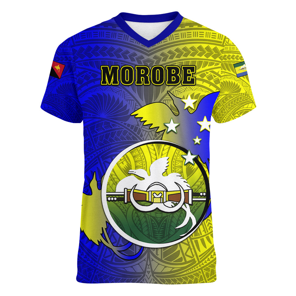 Papua New Guinea Morobe Province Women V Neck T Shirt Mix Coat Of Arms Polynesian Pattern LT05 Female Yellow - Polynesian Pride