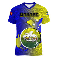 Papua New Guinea Morobe Province Women V Neck T Shirt Mix Coat Of Arms Polynesian Pattern LT05 Female Yellow - Polynesian Pride