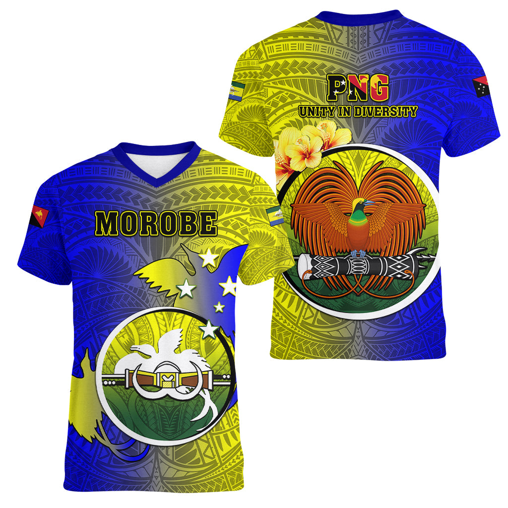Papua New Guinea Morobe Province Women V Neck T Shirt Mix Coat Of Arms Polynesian Pattern LT05 - Polynesian Pride