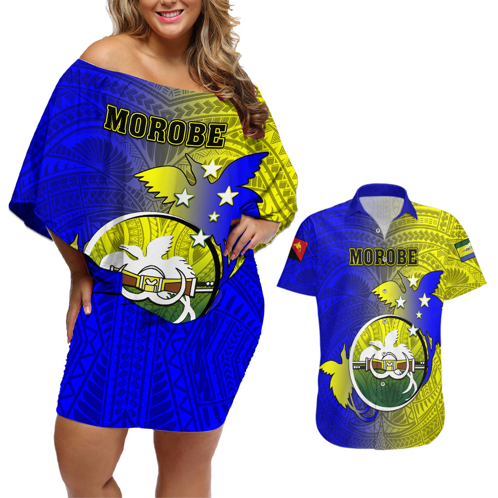 Personalized Papua New Guinea Morobe Province Couples Matching Off Shoulder Short Dress and Hawaiian Shirt Mix Coat Of Arms Polynesian Pattern LT05 Yellow - Polynesian Pride