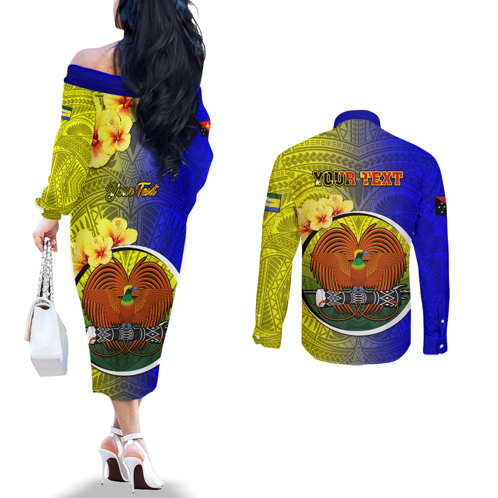 Personalized Papua New Guinea Morobe Province Couples Matching Off The Shoulder Long Sleeve Dress and Long Sleeve Button Shirts Mix Coat Of Arms Polynesian Pattern LT05 - Polynesian Pride