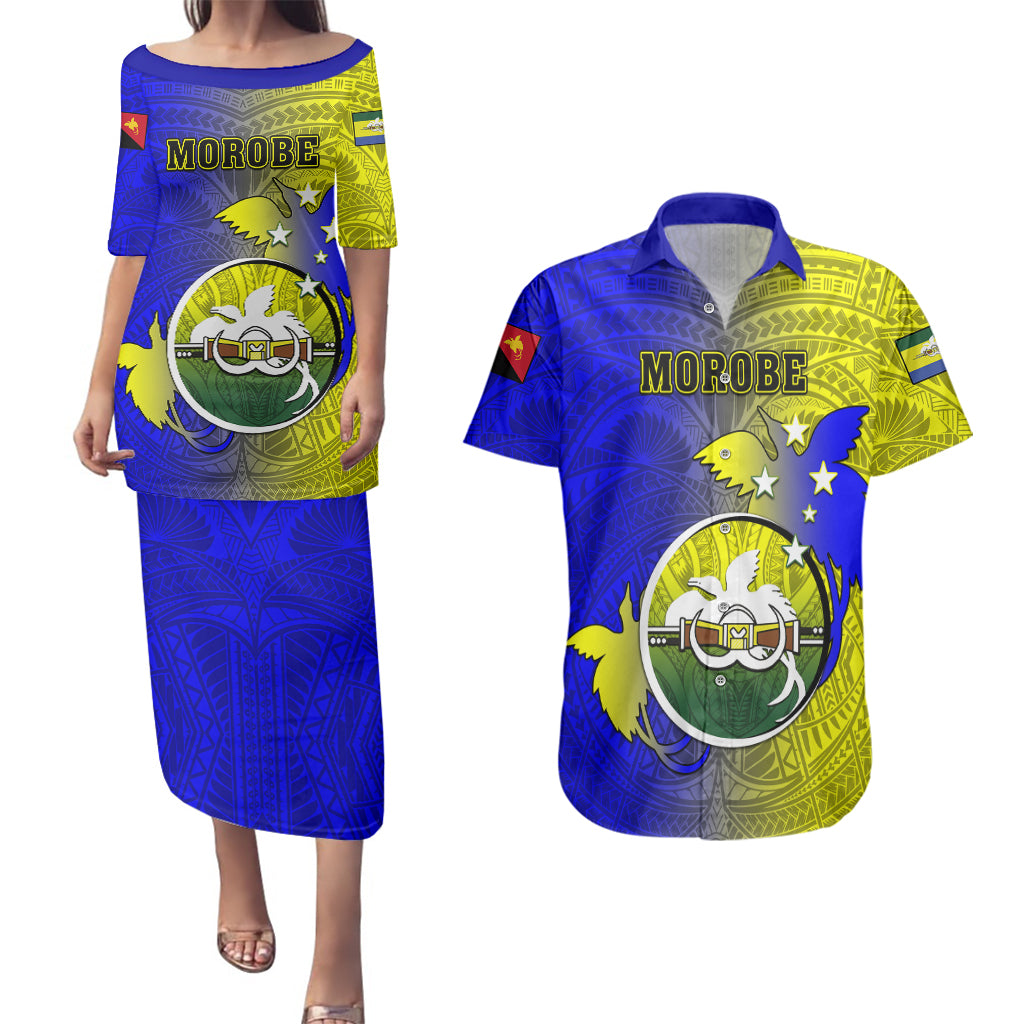 Personalized Papua New Guinea Morobe Province Couples Matching Puletasi Dress and Hawaiian Shirt Mix Coat Of Arms Polynesian Pattern LT05 Yellow - Polynesian Pride