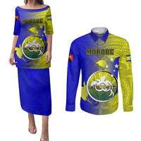 Personalized Papua New Guinea Morobe Province Couples Matching Puletasi Dress and Long Sleeve Button Shirts Mix Coat Of Arms Polynesian Pattern LT05 Yellow - Polynesian Pride