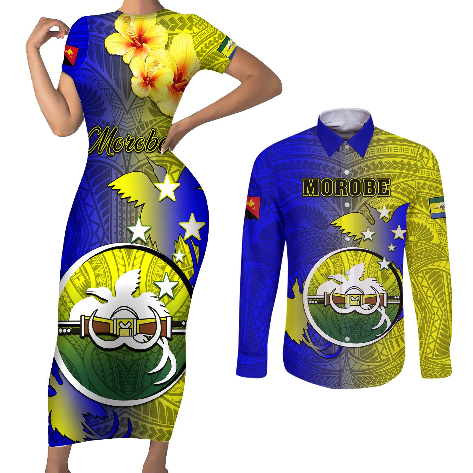 Personalized Papua New Guinea Morobe Province Couples Matching Short Sleeve Bodycon Dress and Long Sleeve Button Shirts Mix Coat Of Arms Polynesian Pattern LT05 Yellow - Polynesian Pride