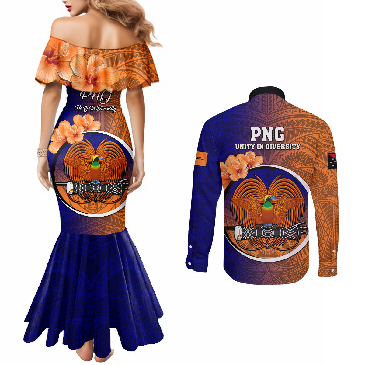 Papua New Guinea New Ireland Province Couples Matching Mermaid Dress and Long Sleeve Button Shirts Mix Coat Of Arms Polynesian Pattern LT05 - Polynesian Pride