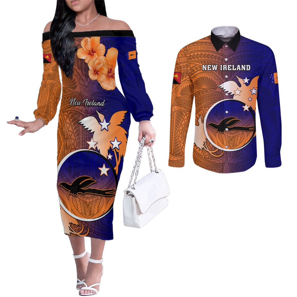 Papua New Guinea New Ireland Province Couples Matching Off The Shoulder Long Sleeve Dress and Long Sleeve Button Shirts Mix Coat Of Arms Polynesian Pattern LT05 Blue - Polynesian Pride