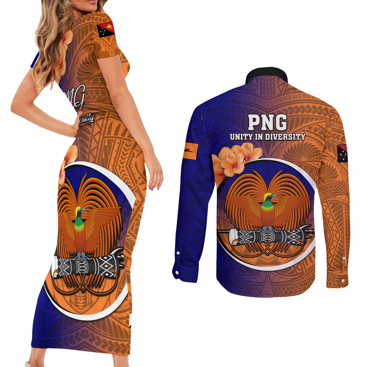 Papua New Guinea New Ireland Province Couples Matching Short Sleeve Bodycon Dress and Long Sleeve Button Shirts Mix Coat Of Arms Polynesian Pattern LT05 - Polynesian Pride