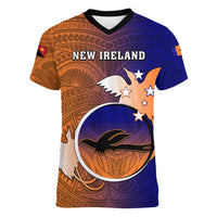 Papua New Guinea New Ireland Province Women V Neck T Shirt Mix Coat Of Arms Polynesian Pattern LT05 Female Blue - Polynesian Pride