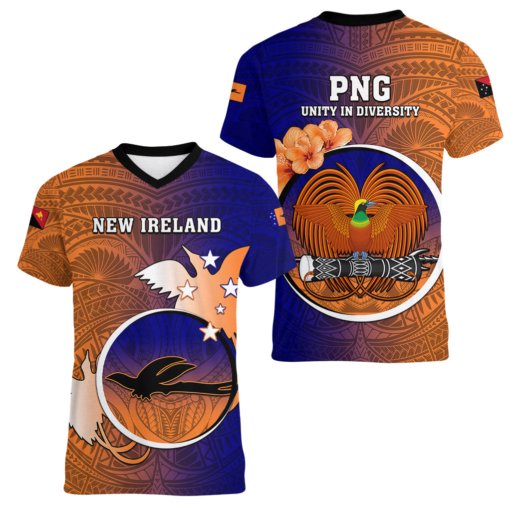 Papua New Guinea New Ireland Province Women V Neck T Shirt Mix Coat Of Arms Polynesian Pattern LT05 - Polynesian Pride