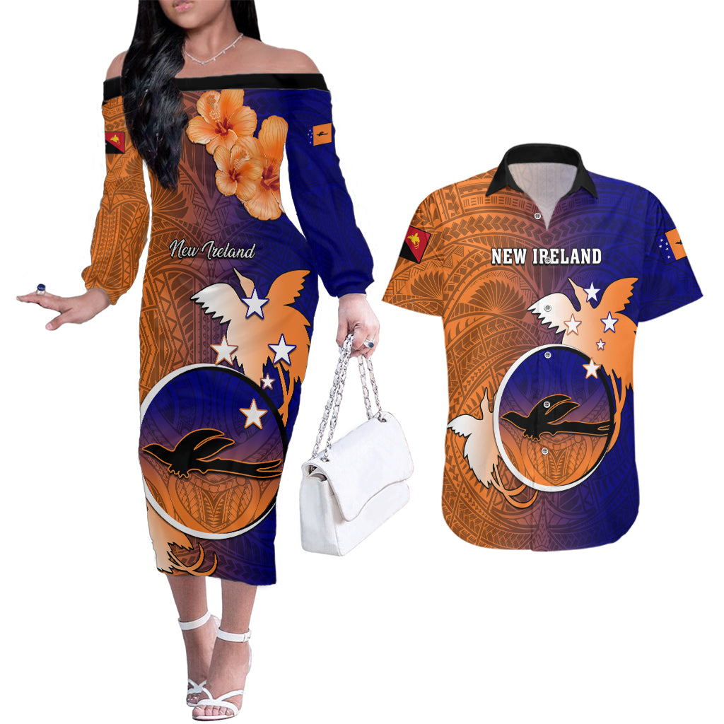 Personalized Papua New Guinea New Ireland Province Couples Matching Off The Shoulder Long Sleeve Dress and Hawaiian Shirt Mix Coat Of Arms Polynesian Pattern LT05 Blue - Polynesian Pride