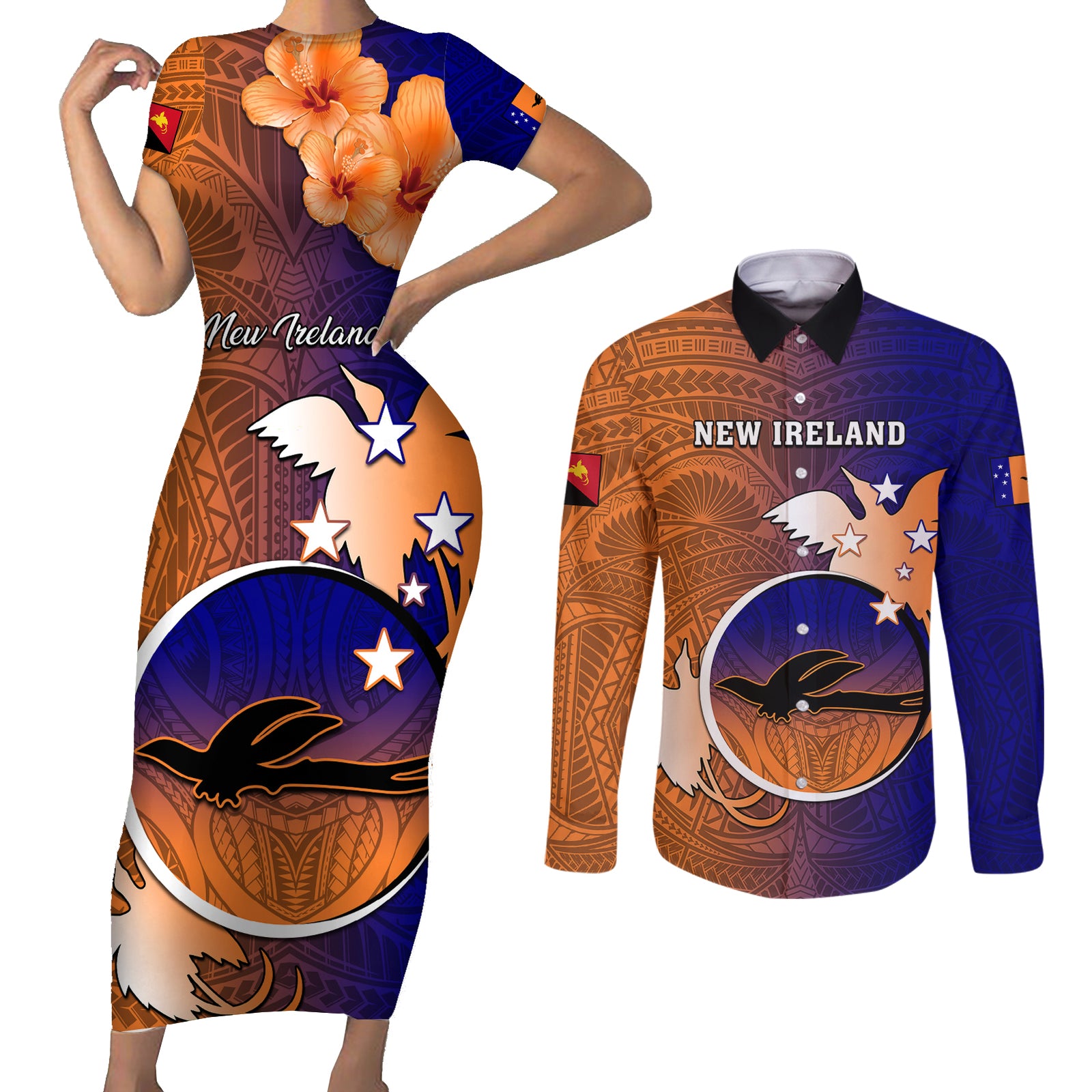 Personalized Papua New Guinea New Ireland Province Couples Matching Short Sleeve Bodycon Dress and Long Sleeve Button Shirts Mix Coat Of Arms Polynesian Pattern LT05 Blue - Polynesian Pride