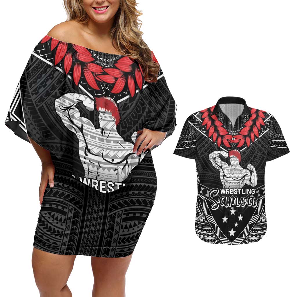 Custom Samoa Wrestling Couples Matching Off Shoulder Short Dress and Hawaiian Shirt Samoan Wrestler Ulafala Style LT05 Black - Polynesian Pride