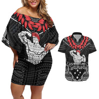 Custom Samoa Wrestling Couples Matching Off Shoulder Short Dress and Hawaiian Shirt Samoan Wrestler Ulafala Style LT05 Black - Polynesian Pride
