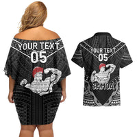 Custom Samoa Wrestling Couples Matching Off Shoulder Short Dress and Hawaiian Shirt Samoan Wrestler Ulafala Style LT05 - Polynesian Pride