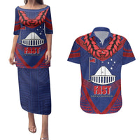 Personalised FAST Party Samoa Couples Matching Puletasi and Hawaiian Shirt Samoan Coat Of Arms Ulafala Style LT05 Blue - Polynesian Pride