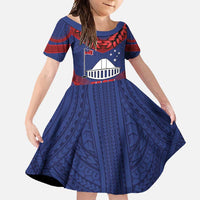 Personalised FAST Party Samoa Family Matching Summer Maxi Dress and Hawaiian Shirt Samoan Coat Of Arms Ulafala Style LT05 Daughter's Dress Blue - Polynesian Pride