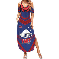 Personalised FAST Party Samoa Family Matching Summer Maxi Dress and Hawaiian Shirt Samoan Coat Of Arms Ulafala Style LT05 Mom's Dress Blue - Polynesian Pride