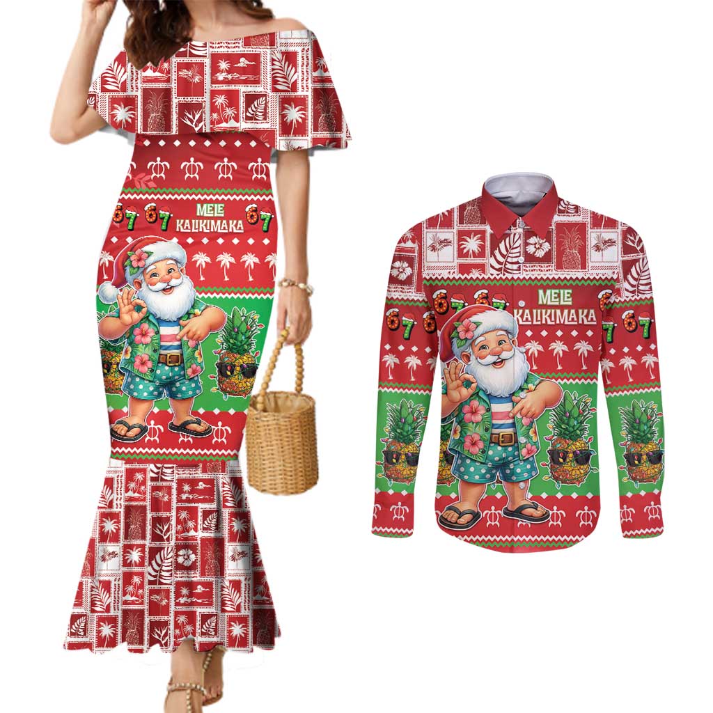 Mele Kalikimaka Hawaii Christmas Couples Matching Mermaid Dress and Long Sleeve Button Shirt Funny Santa 67 Gen Alpha Slang - Polynesian Pride