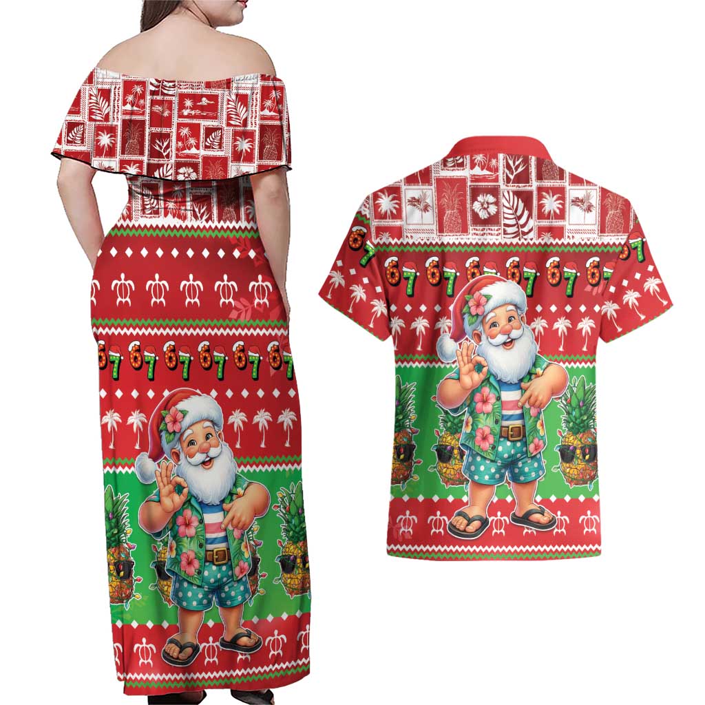 Mele Kalikimaka Hawaii Christmas Couples Matching Off Shoulder Maxi Dress and Hawaiian Shirt Funny Santa 67 Gen Alpha Slang - Polynesian Pride