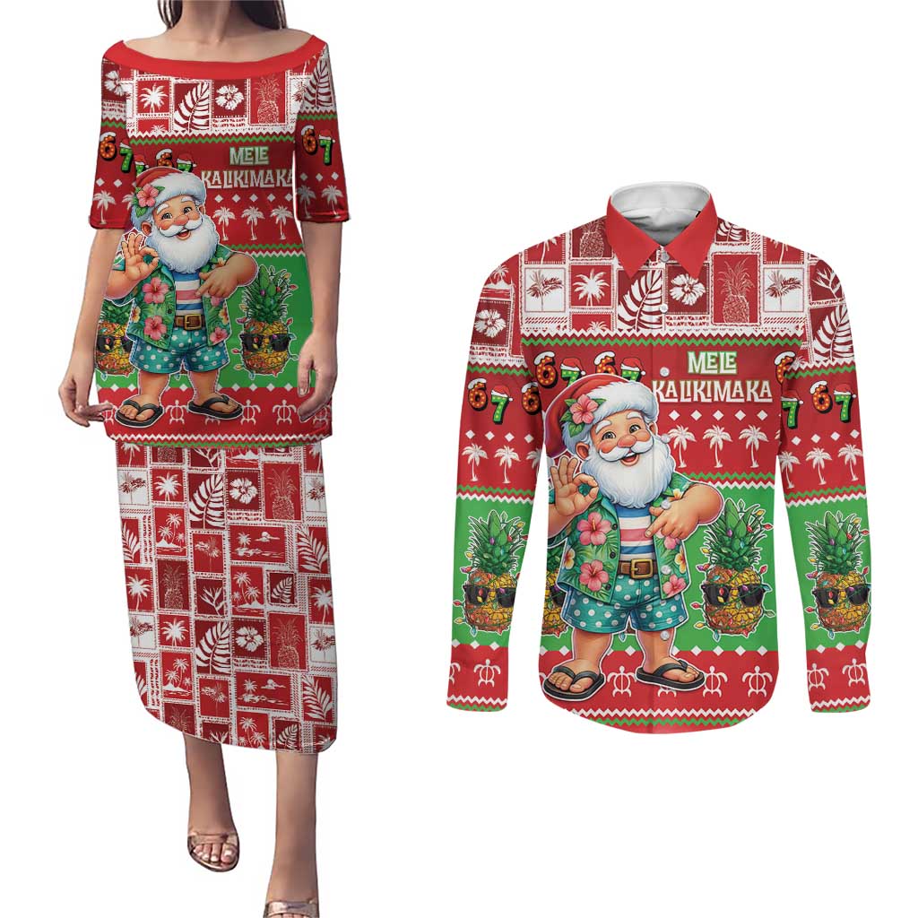 Mele Kalikimaka Hawaii Christmas Couples Matching Puletasi and Long Sleeve Button Shirt Funny Santa 67 Gen Alpha Slang - Polynesian Pride