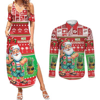 Mele Kalikimaka Hawaii Christmas Couples Matching Summer Maxi Dress and Long Sleeve Button Shirt Funny Santa 67 Gen Alpha Slang - Polynesian Pride