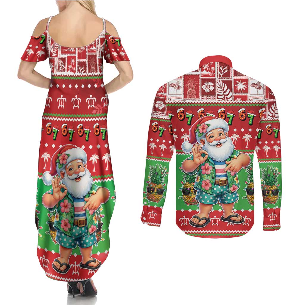 Mele Kalikimaka Hawaii Christmas Couples Matching Summer Maxi Dress and Long Sleeve Button Shirt Funny Santa 67 Gen Alpha Slang - Polynesian Pride