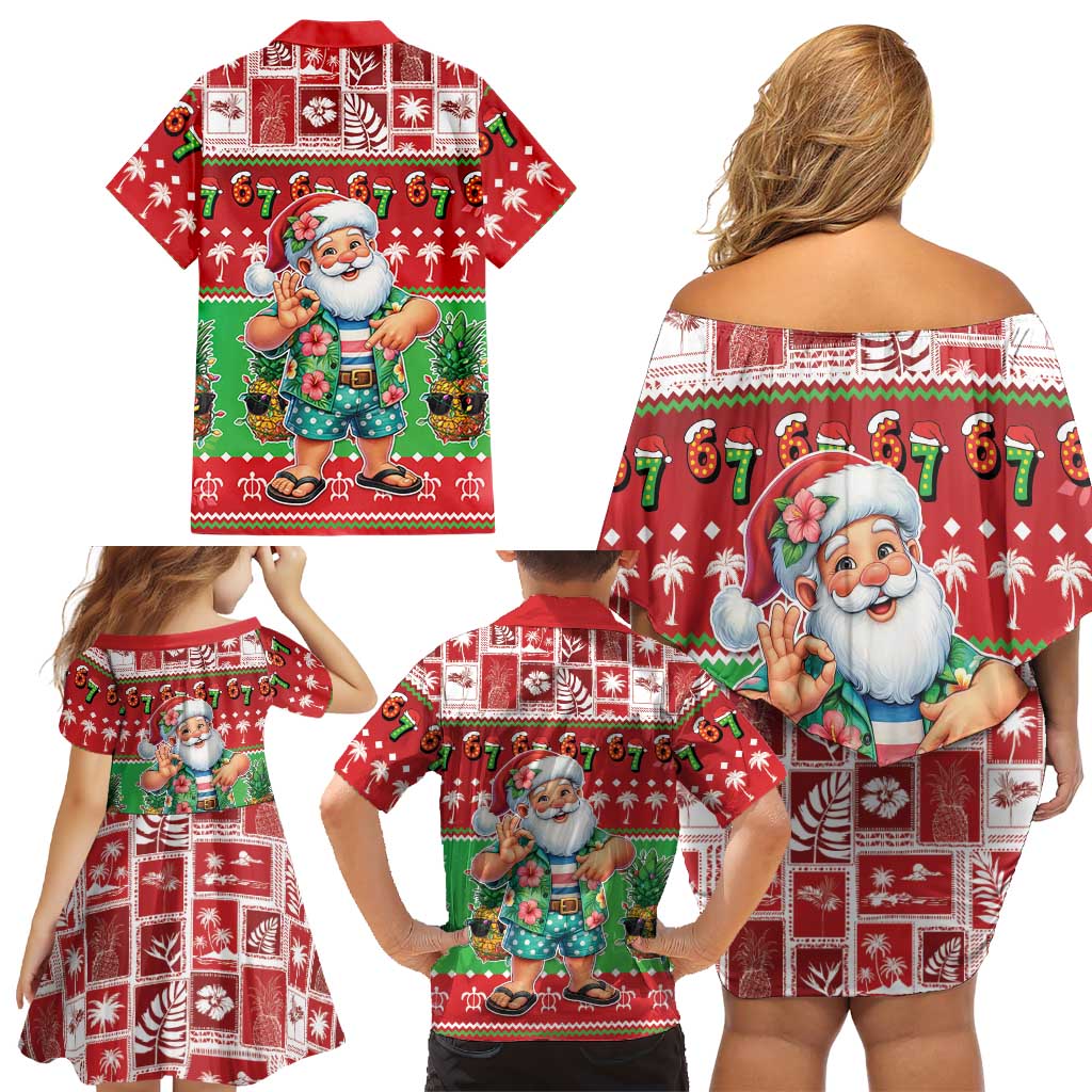 Mele Kalikimaka Hawaii Christmas Family Matching Off Shoulder Short Dress and Hawaiian Shirt Funny Santa 67 Gen Alpha Slang - Polynesian Pride