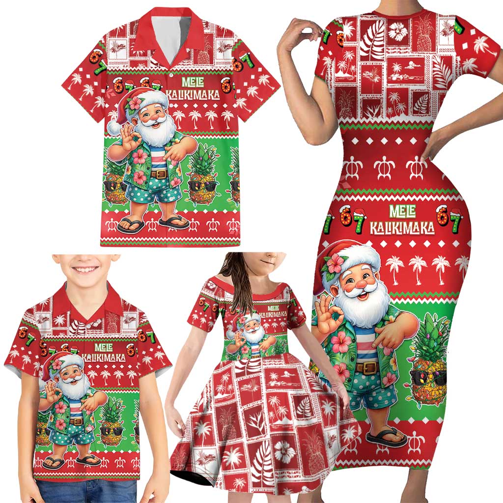 Mele Kalikimaka Hawaii Christmas Family Matching Short Sleeve Bodycon Dress and Hawaiian Shirt Funny Santa 67 Gen Alpha Slang - Polynesian Pride