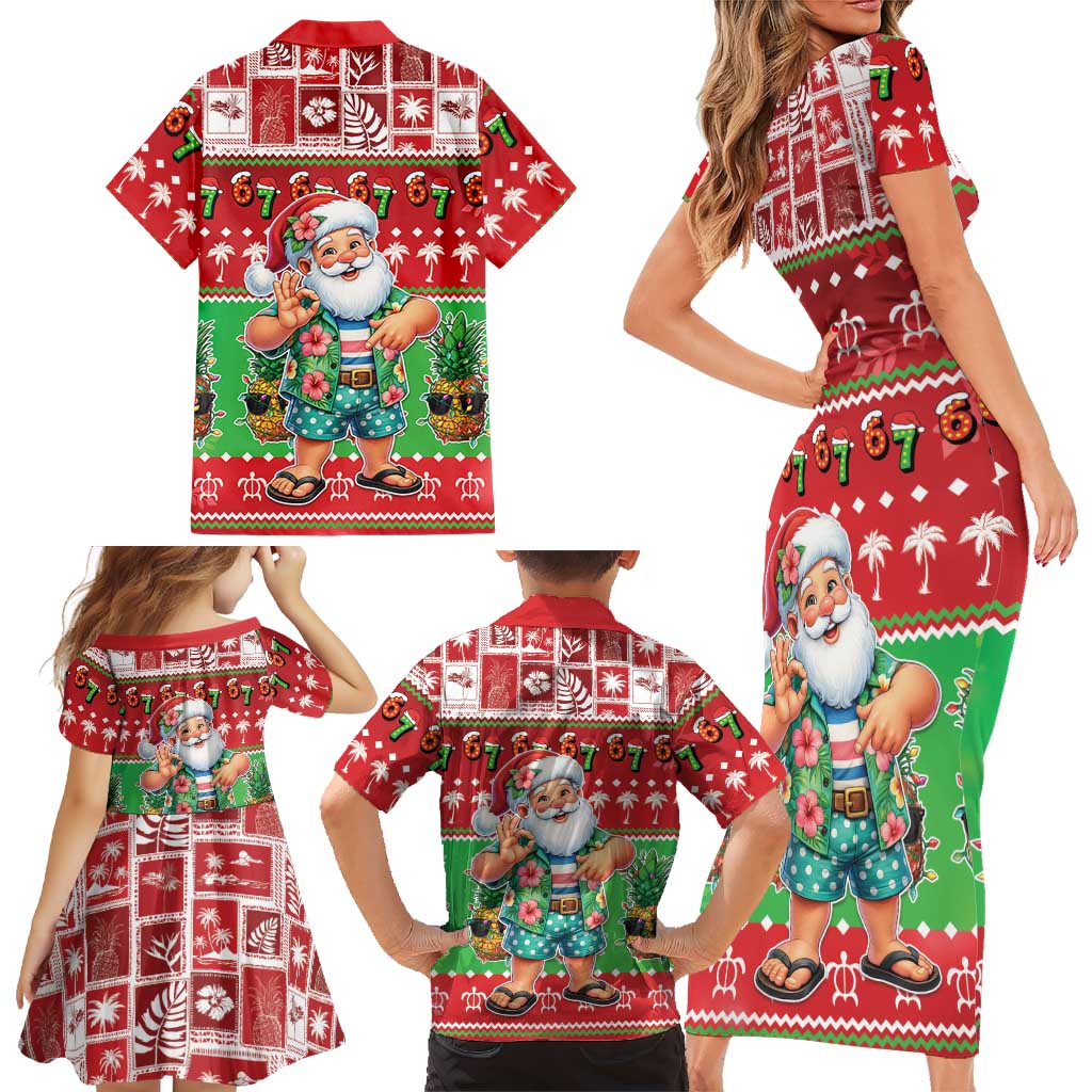 Mele Kalikimaka Hawaii Christmas Family Matching Short Sleeve Bodycon Dress and Hawaiian Shirt Funny Santa 67 Gen Alpha Slang - Polynesian Pride