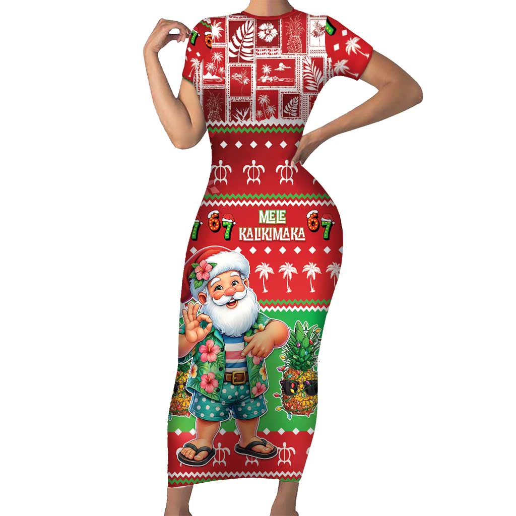 Mele Kalikimaka Hawaii Christmas Family Matching Short Sleeve Bodycon Dress and Hawaiian Shirt Funny Santa 67 Gen Alpha Slang - Polynesian Pride
