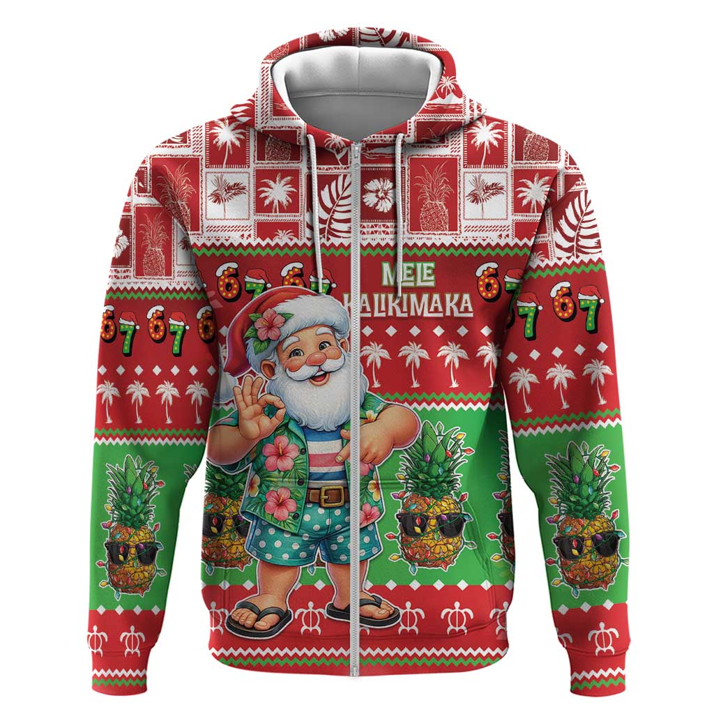 Mele Kalikimaka Hawaii Christmas Zip Hoodie Funny Santa 67 Gen Alpha Slang LT05 Zip Hoodie Red - Polynesian Pride