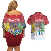 Personalised Christmas In July Couples Matching Off Shoulder Short Dress and Hawaiian Shirt Funny Dabbing Dance Koala And Blue Penguins
