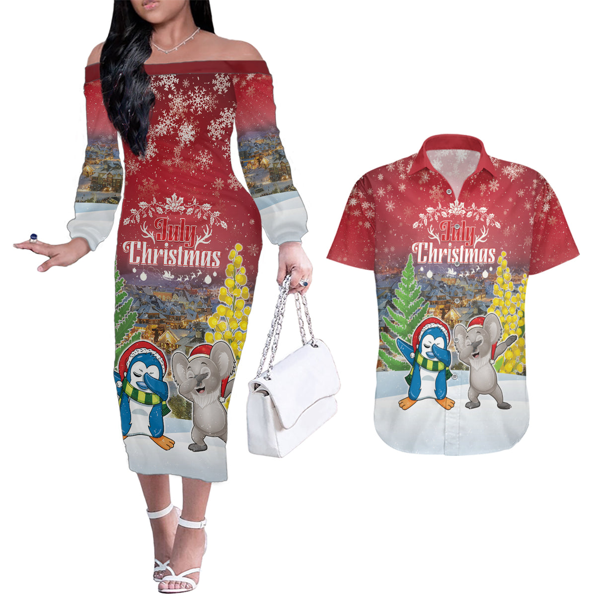 Personalised Christmas In July Couples Matching Off The Shoulder Long Sleeve Dress and Hawaiian Shirt Funny Dabbing Dance Koala And Blue Penguins