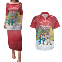 Personalised Christmas In July Couples Matching Puletasi and Hawaiian Shirt Funny Dabbing Dance Koala And Blue Penguins