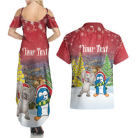 Personalised Christmas In July Couples Matching Summer Maxi Dress and Hawaiian Shirt Funny Dabbing Dance Koala And Blue Penguins