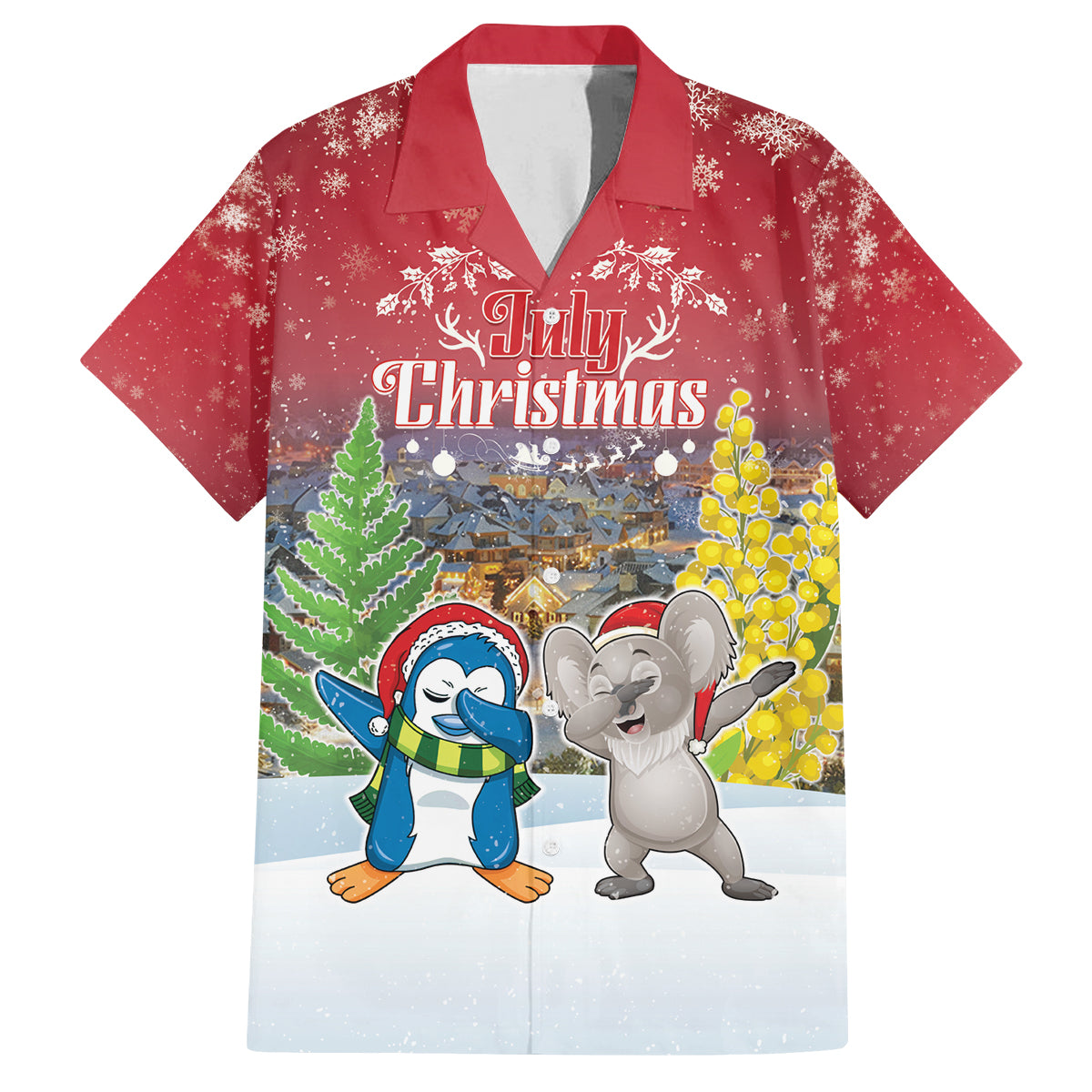 Personalised Christmas In July Family Matching Off The Shoulder Long Sleeve Dress and Hawaiian Shirt Funny Dabbing Dance Koala And Blue Penguins
