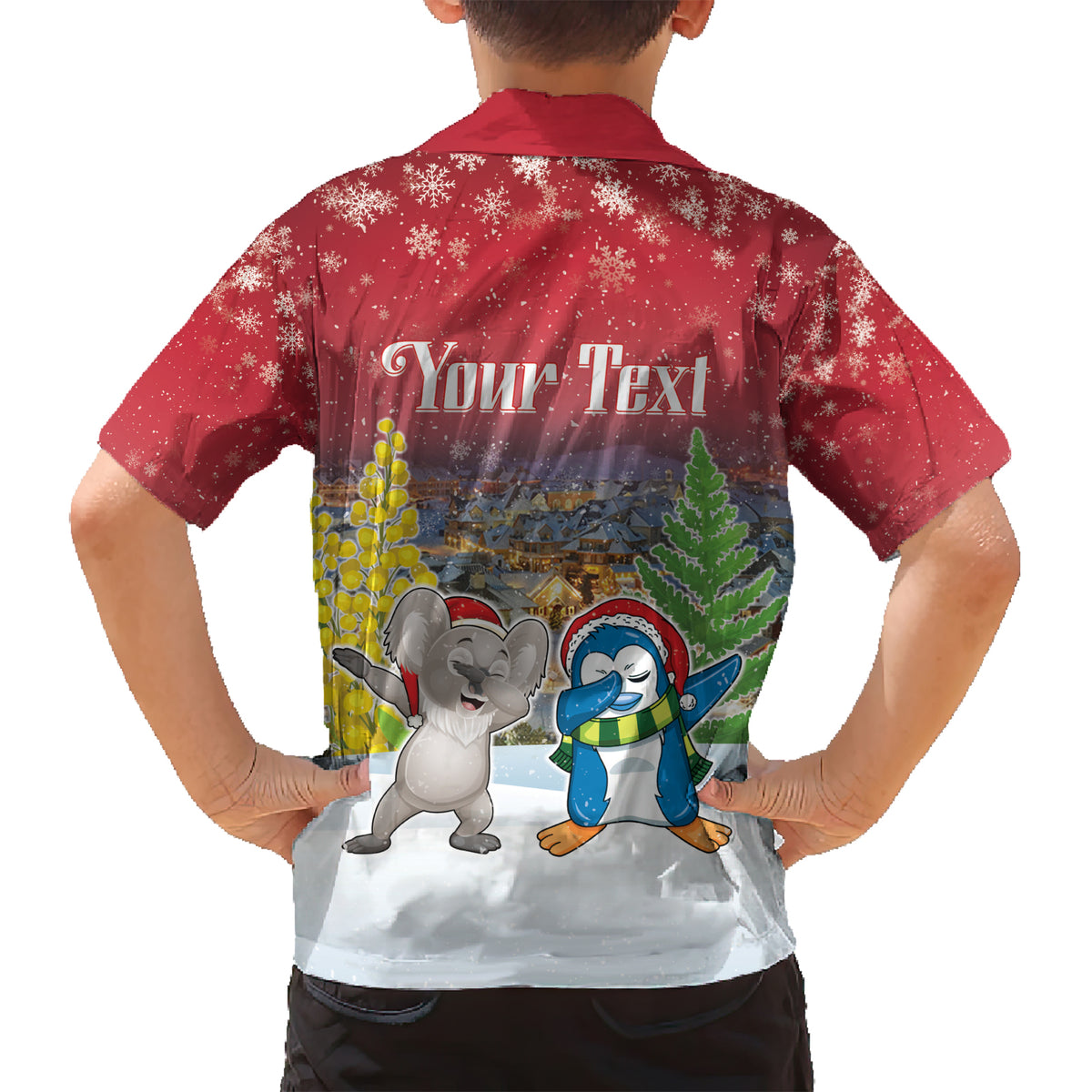 Personalised Christmas In July Family Matching Short Sleeve Bodycon Dress and Hawaiian Shirt Funny Dabbing Dance Koala And Blue Penguins