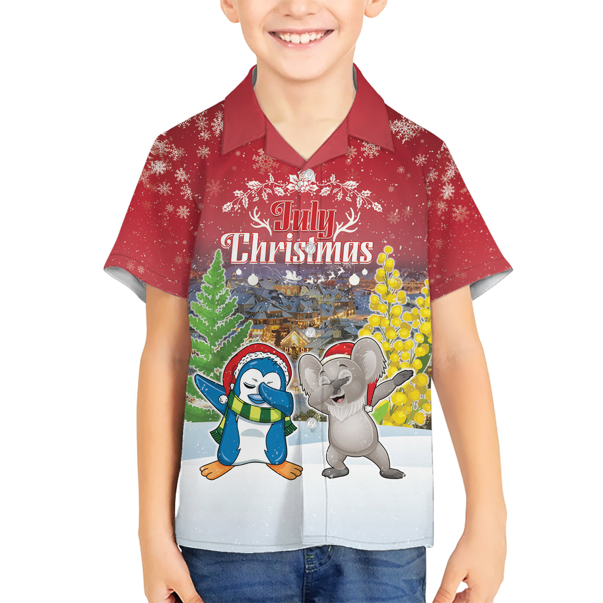 Personalised Christmas In July Kid Hawaiian Shirt Funny Dabbing Dance Koala And Blue Penguins