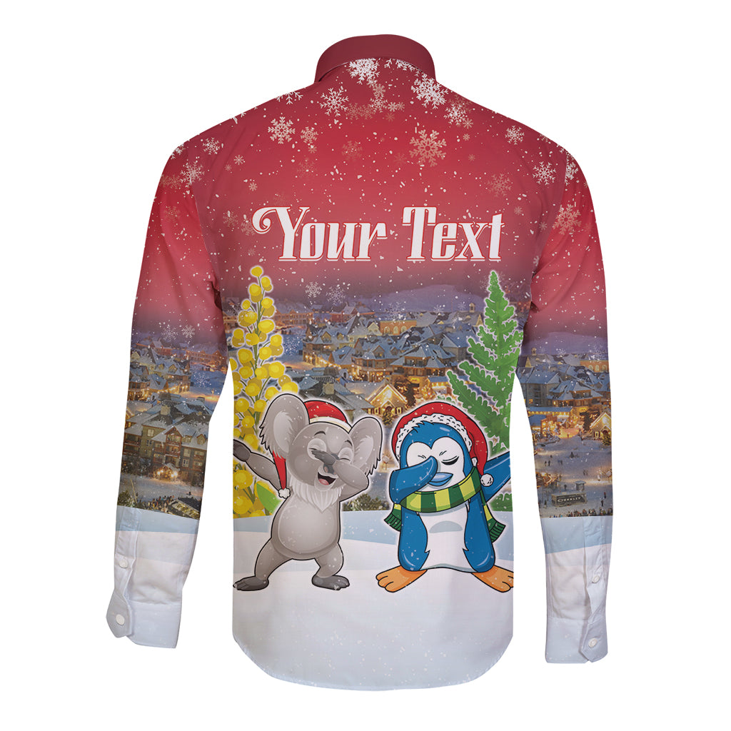 Personalised Christmas In July Long Sleeve Button Shirt Funny Dabbing Dance Koala And Blue Penguins LT05 - Polynesian Pride