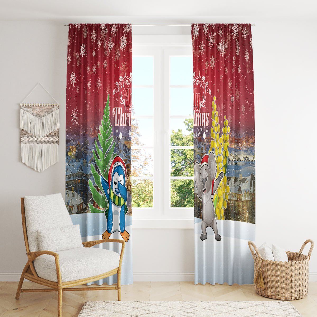 Christmas In July Window Curtain Funny Dabbing Dance Koala And Blue Penguins