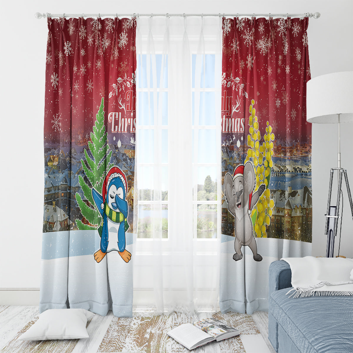 Christmas In July Window Curtain Funny Dabbing Dance Koala And Blue Penguins