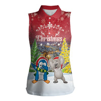 Personalised Christmas In July Women Sleeveless Polo Shirt Funny Dabbing Dance Koala And Blue Penguins