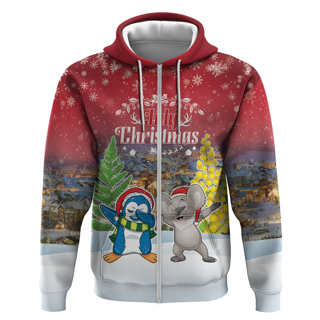 Personalised Christmas In July Zip Hoodie Funny Dabbing Dance Koala And Blue Penguins