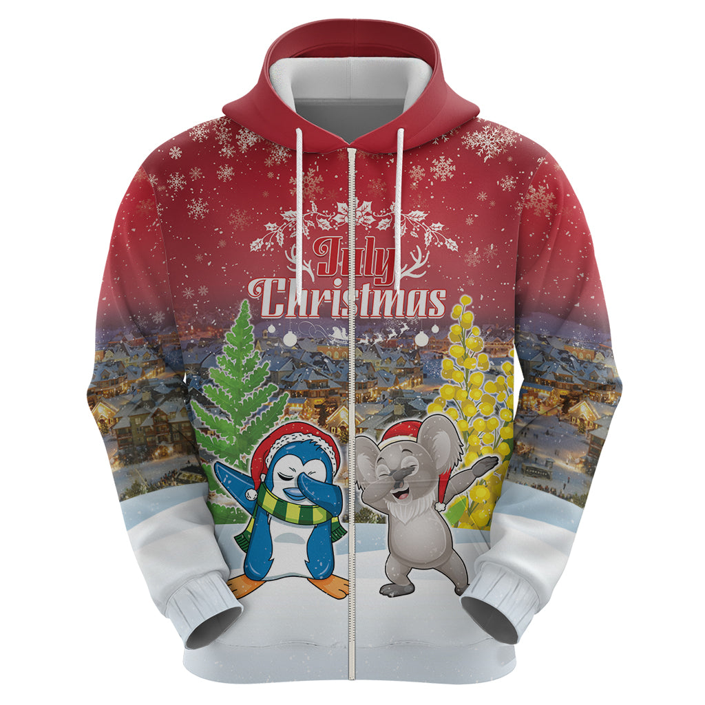 Personalised Christmas In July Zip Hoodie Funny Dabbing Dance Koala And Blue Penguins