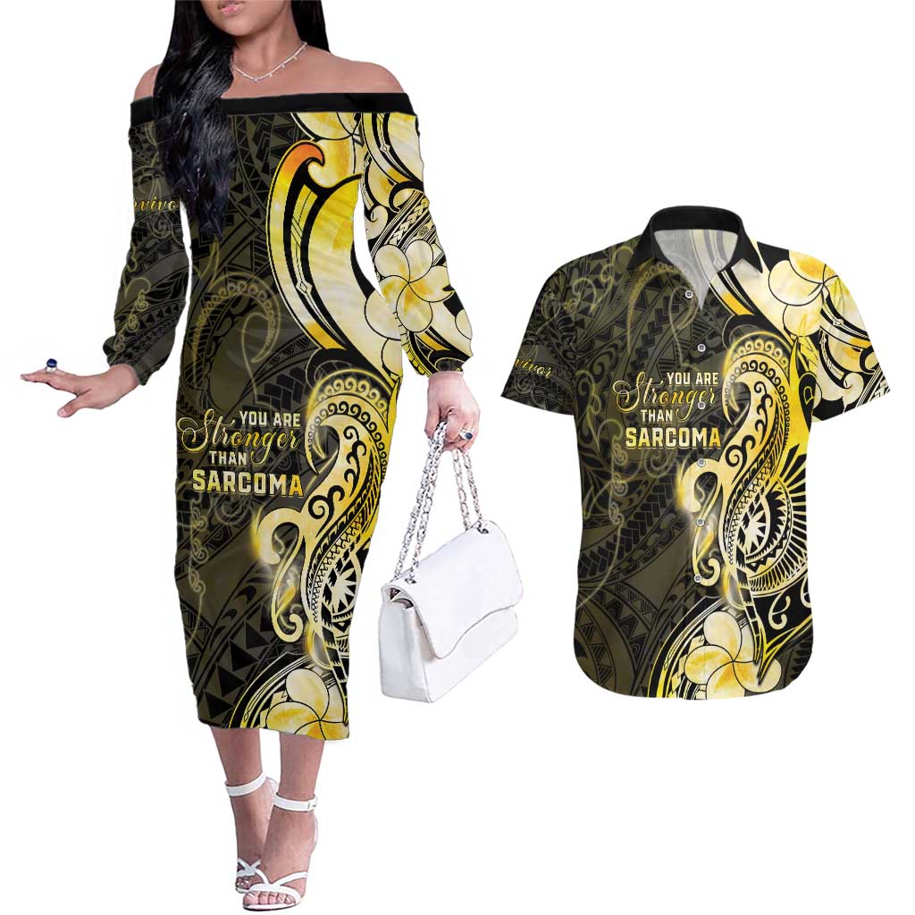 Sarcoma Awareness Couples Matching Off The Shoulder Long Sleeve Dress and Hawaiian Shirt You Are Stronger Than Sarcoma