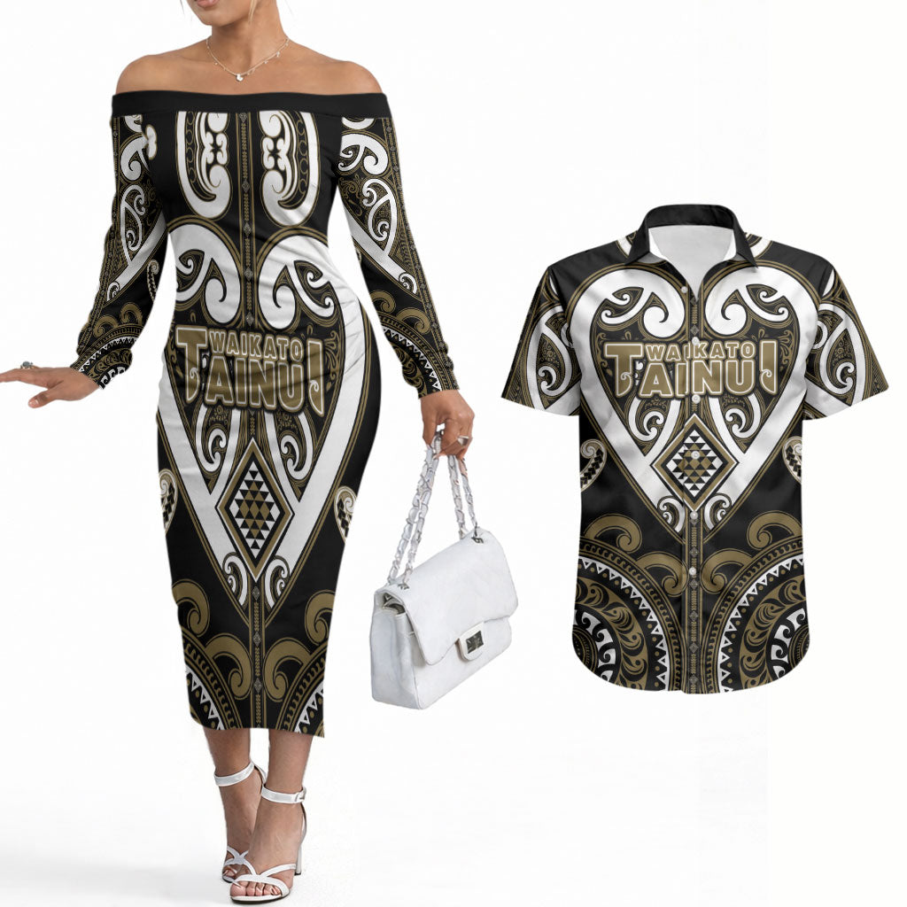 Custom Aotearoa Waikato Tainui Couples Matching Off The Shoulder Long Sleeve Dress and Hawaiian Shirt Maori Tribal Pattern LT05 Dark Yellow - Polynesian Pride