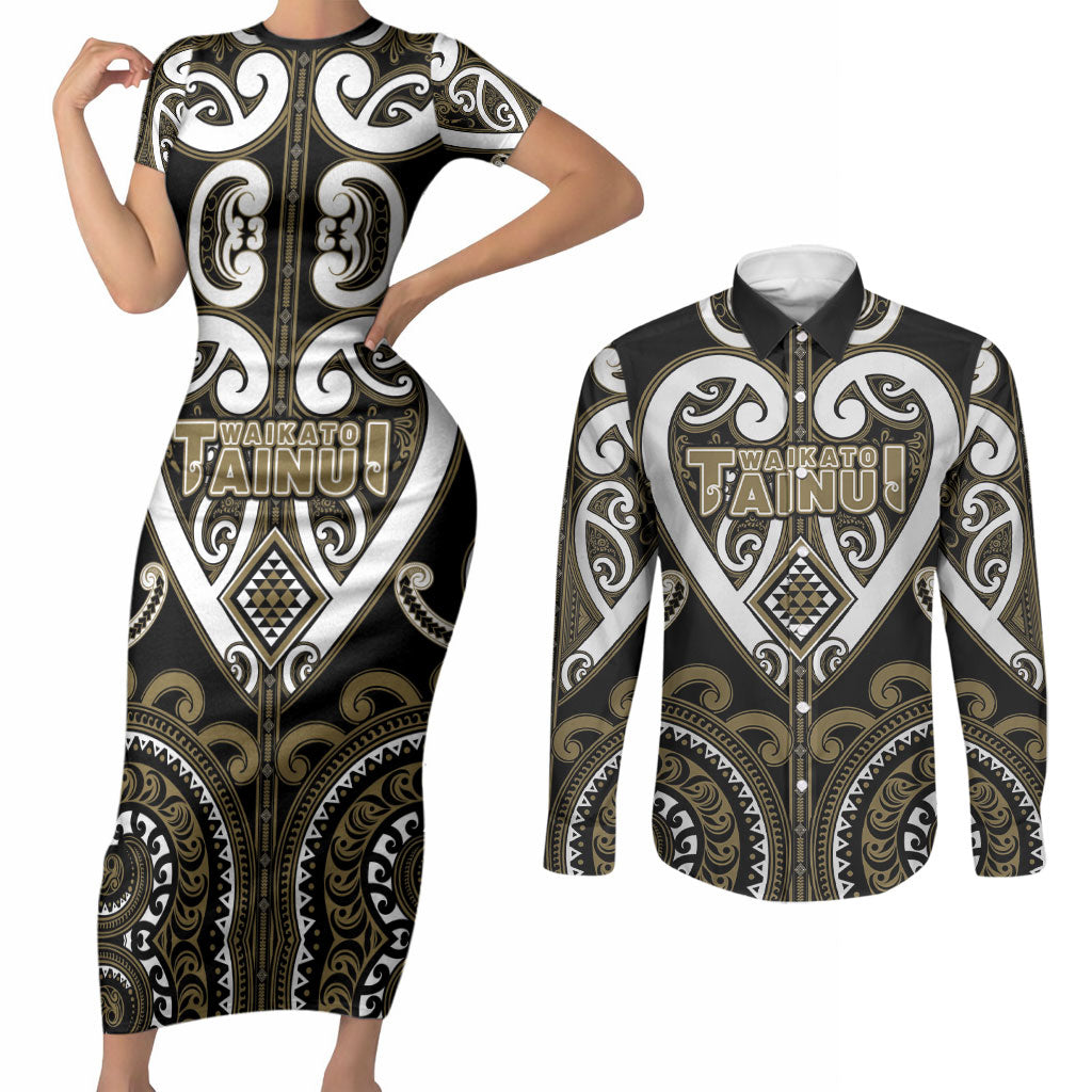 Custom Aotearoa Waikato Tainui Couples Matching Short Sleeve Bodycon Dress and Long Sleeve Button Shirt Maori Tribal Pattern LT05 Dark Yellow - Polynesian Pride