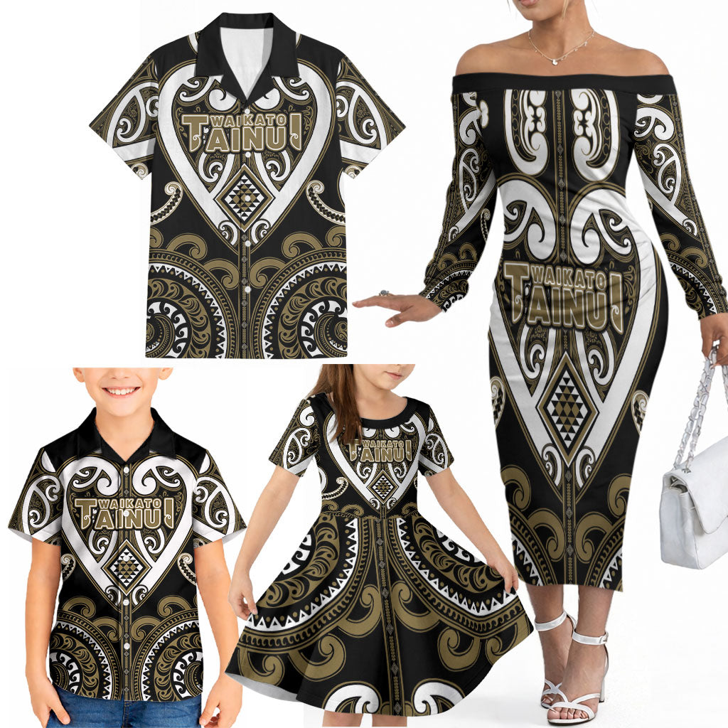 Custom Aotearoa Waikato Tainui Family Matching Off The Shoulder Long Sleeve Dress and Hawaiian Shirt Maori Tribal Pattern LT05 - Polynesian Pride