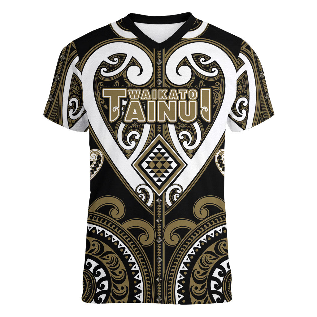 Custom Aotearoa Waikato Tainui Women V-Neck T-Shirt Maori Tribal Pattern LT05 Female Dark Yellow - Polynesian Pride