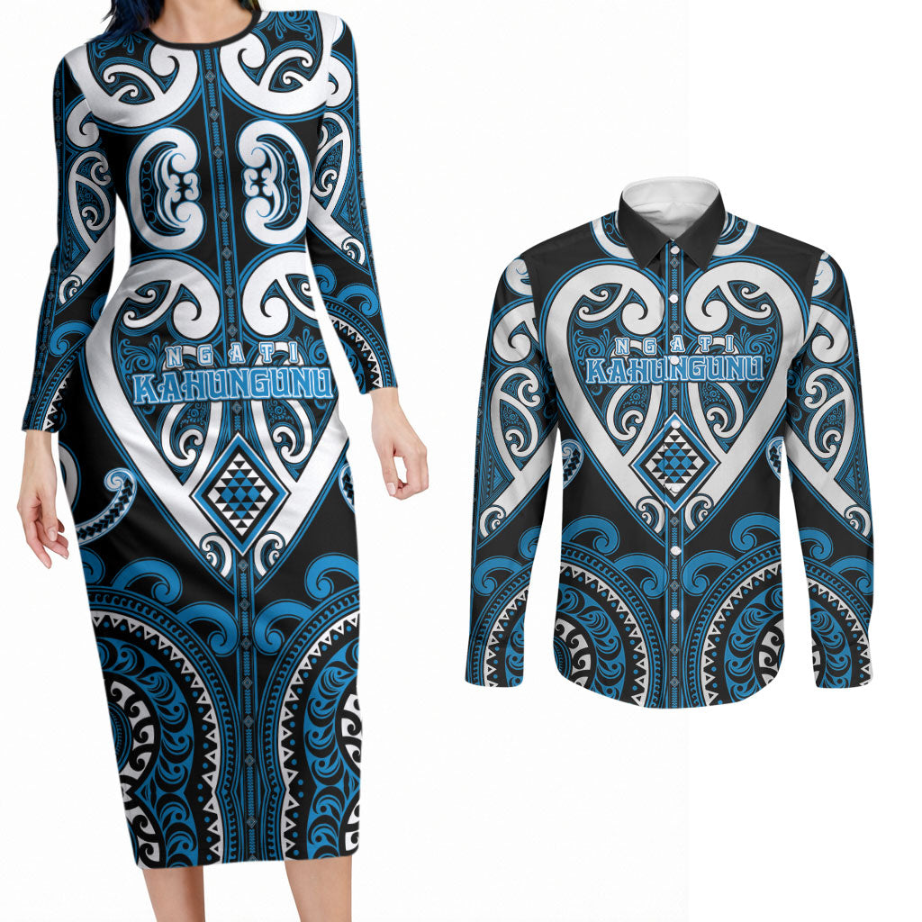 Custom Aotearoa Ngati Kahungunu Couples Matching Long Sleeve Bodycon Dress and Long Sleeve Button Shirt Maori Tribal Pattern LT05 Blue - Polynesian Pride
